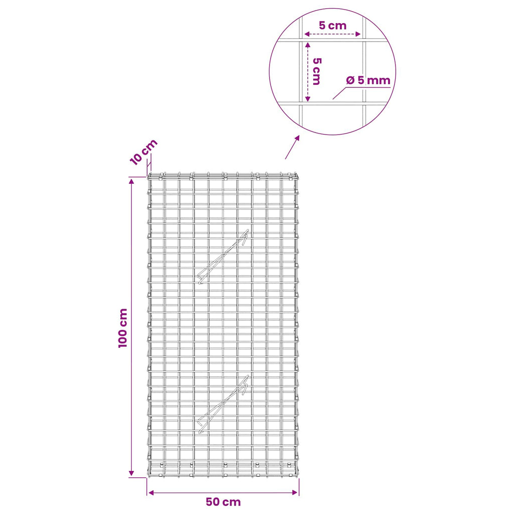 vidaXL Gabion z drutu 5 mm i siatką 5x5 cm 50x10x100 cm