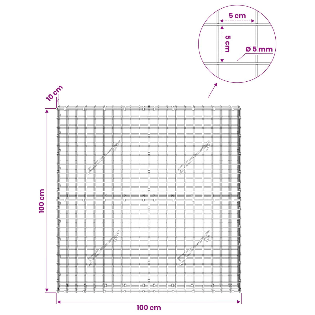 vidaXL Gabion z drutu 5 mm i siatką 5x5 cm 100x10x100 cm