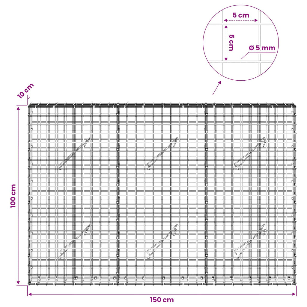 vidaXL Gabion z drutu 5 mm i siatką 5x5 cm 150x10x100 cm