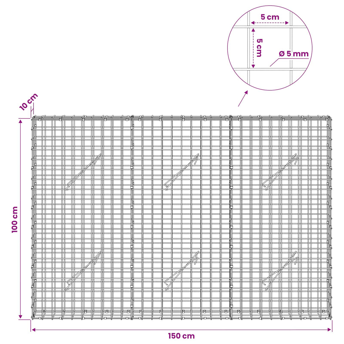 vidaXL Gabion z drutu 5 mm i siatką 5x5 cm 150x10x100 cm