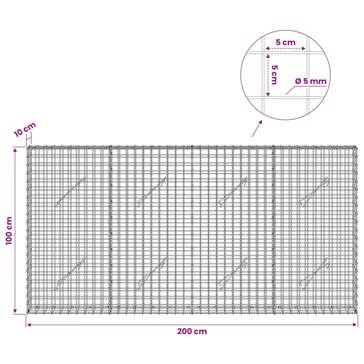 vidaXL Gabion z drutu 5 mm i siatką 5x5 cm 200x10x100 cm