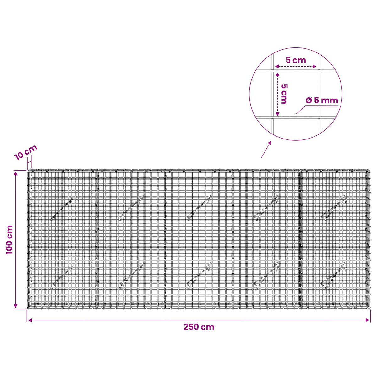 vidaXL Gabion z drutu 5 mm i siatką 5x5 cm 250x10x100 cm
