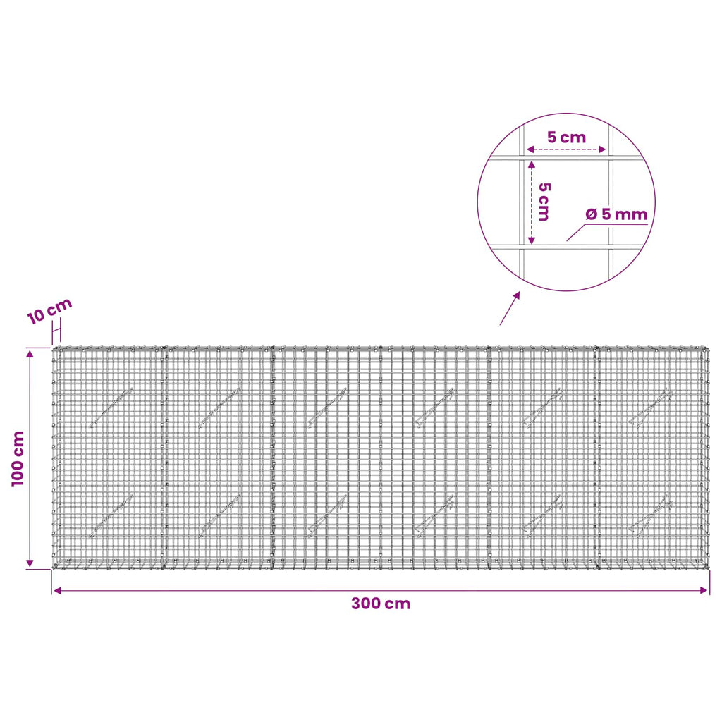 vidaXL Gabion z drutu 5 mm i siatką 5x5 cm 300x10x100 cm