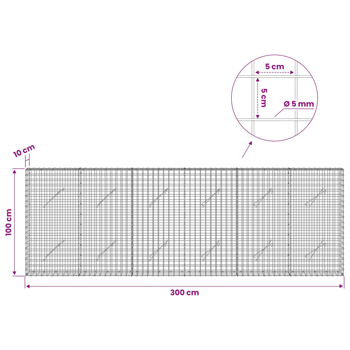 vidaXL Gabion z drutu 5 mm i siatką 5x5 cm 300x10x100 cm