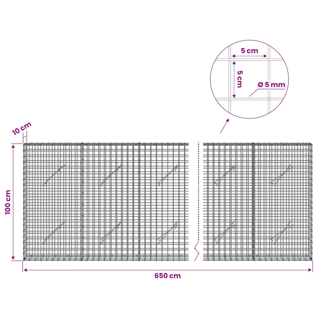 vidaXL Gabion z drutu 5 mm i siatką 5x5 cm 650x10x100 cm