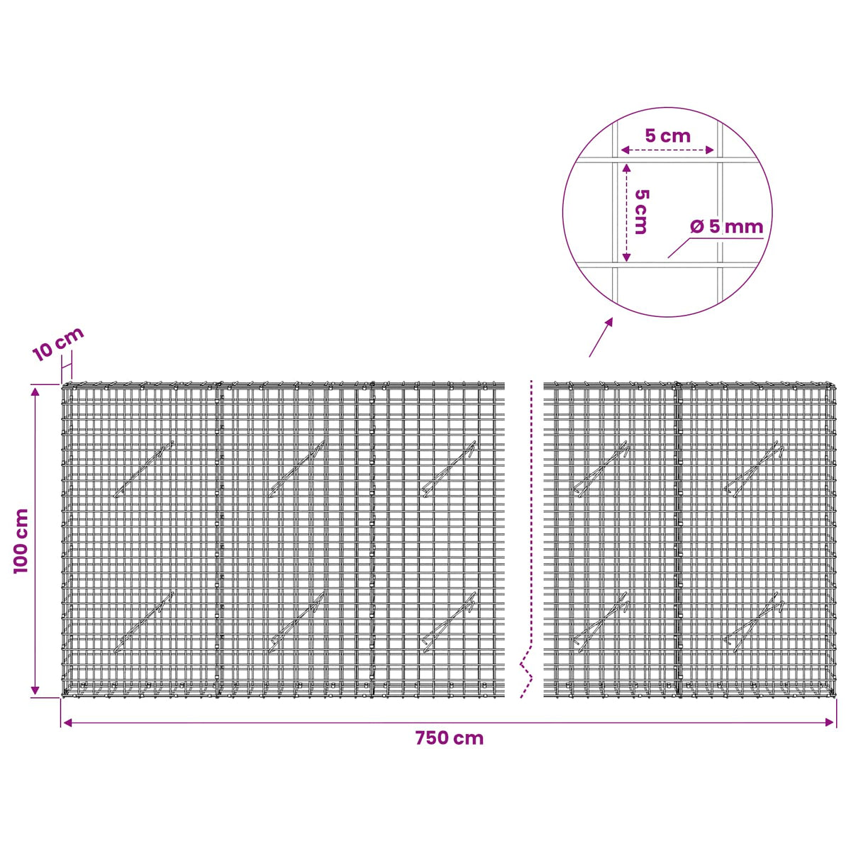 vidaXL Gabion z drutu 5 mm i siatką 5x5 cm 750x10x100 cm