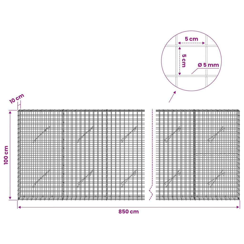 vidaXL Gabion z drutu 5 mm i siatką 5x5 cm 850x10x100 cm
