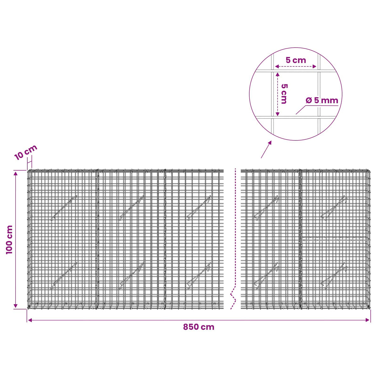 vidaXL Gabion z drutu 5 mm i siatką 5x5 cm 850x10x100 cm