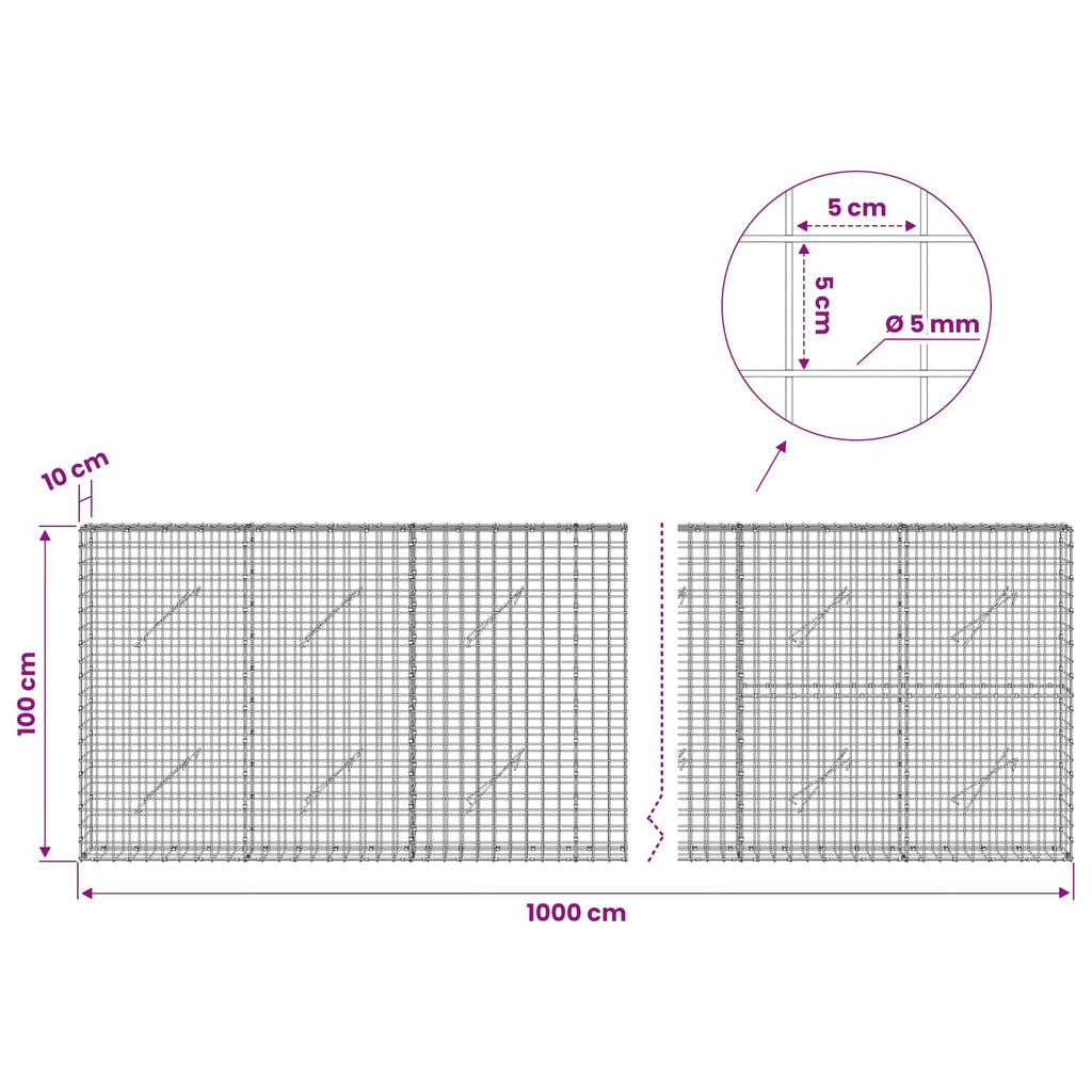 vidaXL Gabion z drutu 5 mm i siatką 5x5 cm 1000x10x100 cm