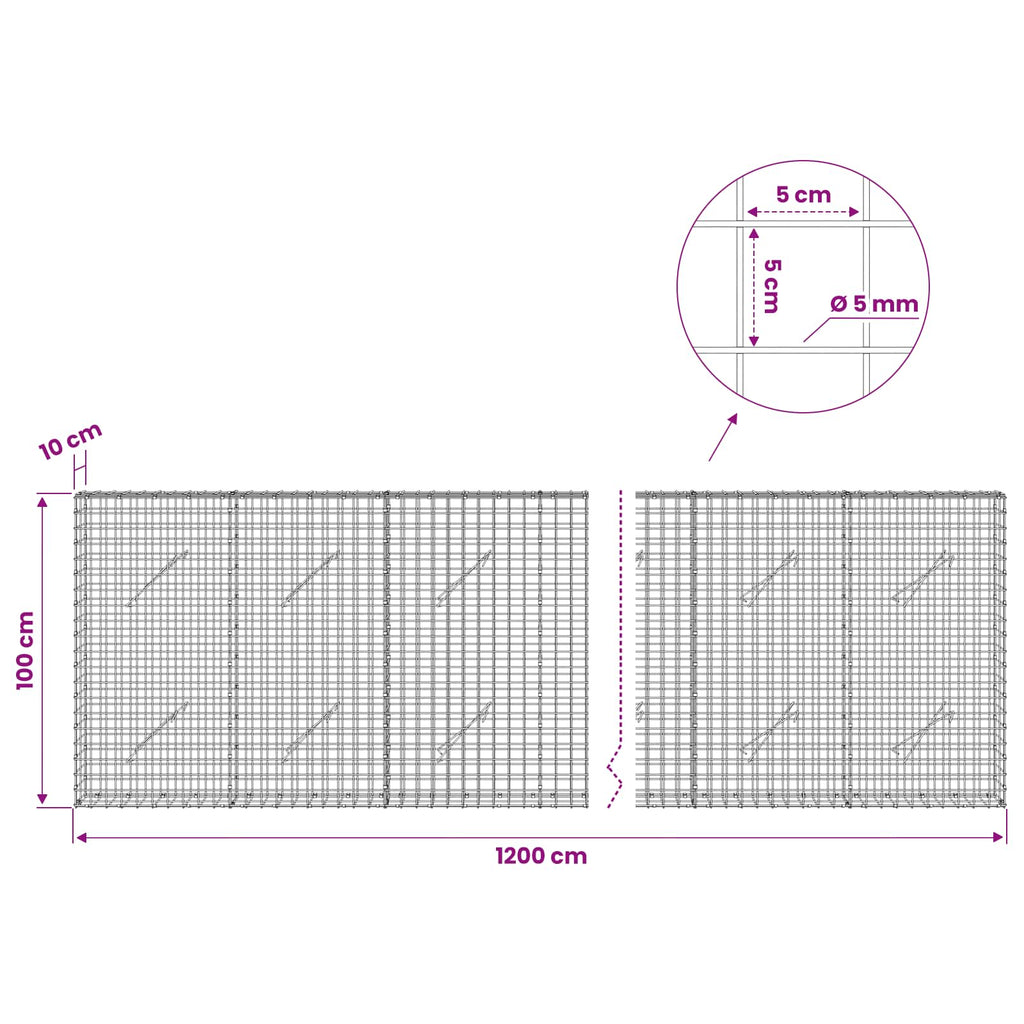 vidaXL Gabion z drutu 5 mm i siatką 5x5 cm 1200x10x100 cm