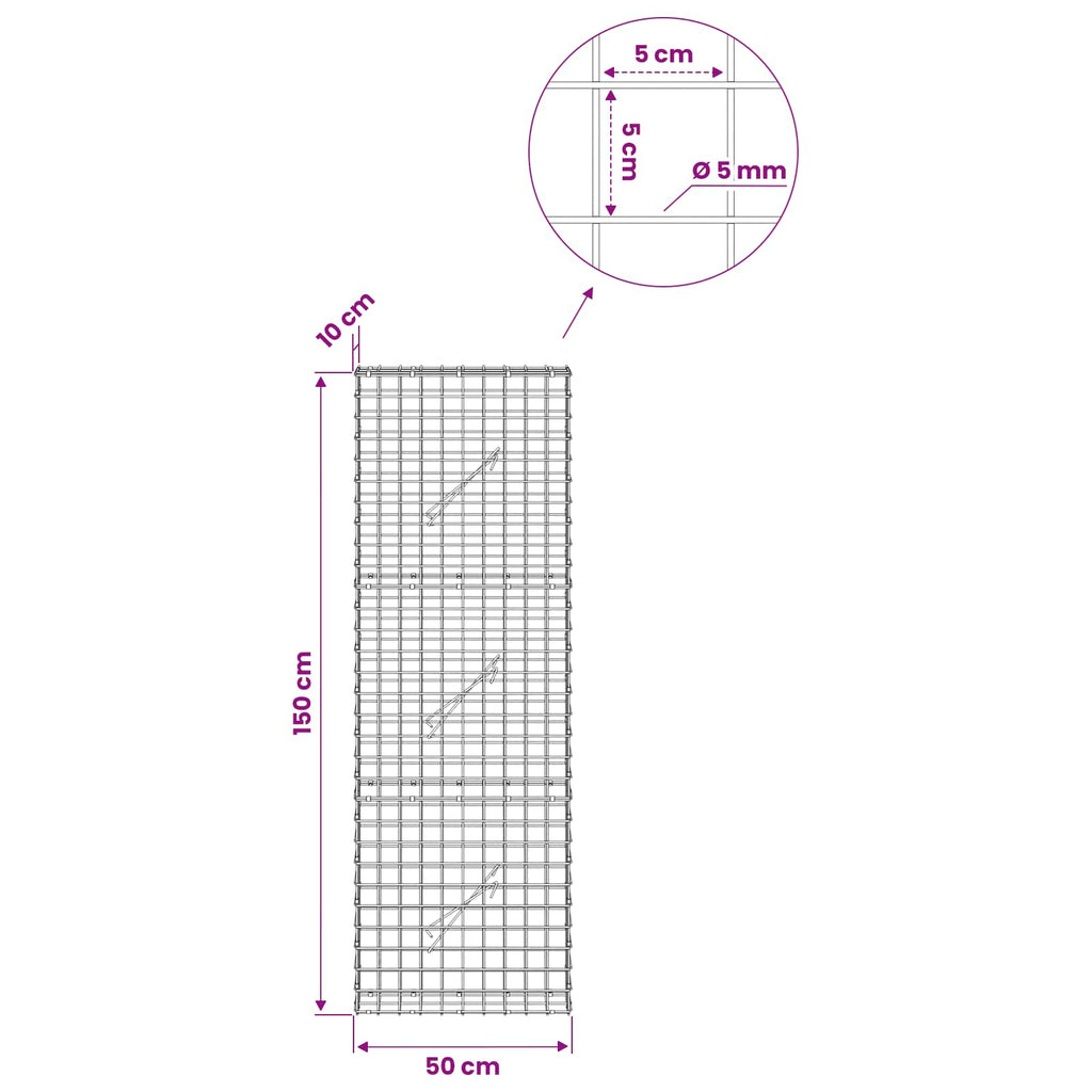vidaXL Gabion z drutu 5 mm i siatką 5x5 cm 50x10x150 cm