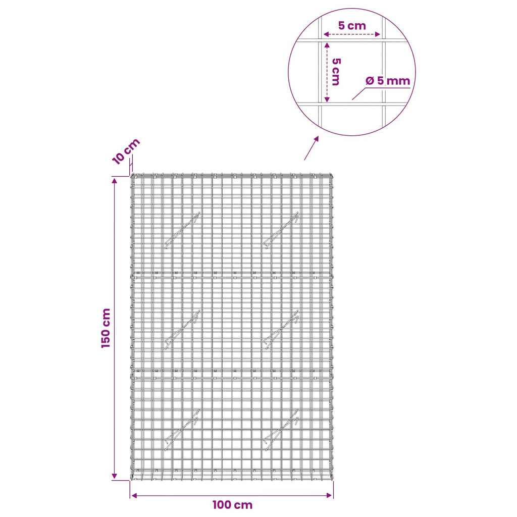 vidaXL Gabion z drutu 5 mm i siatką 5x5 cm 100x10x150 cm