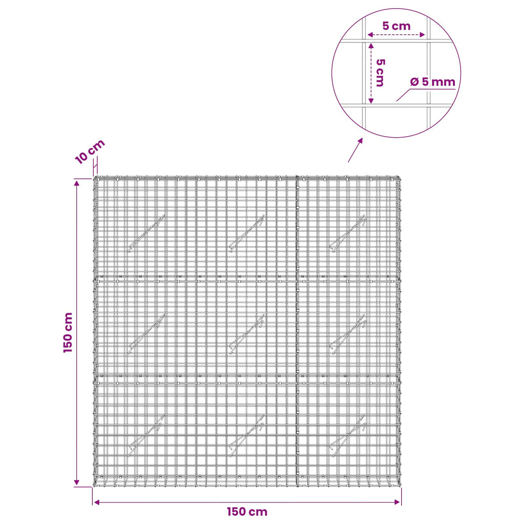 vidaXL Gabion z drutu 5 mm i siatką 5x5 cm 150x10x150 cm