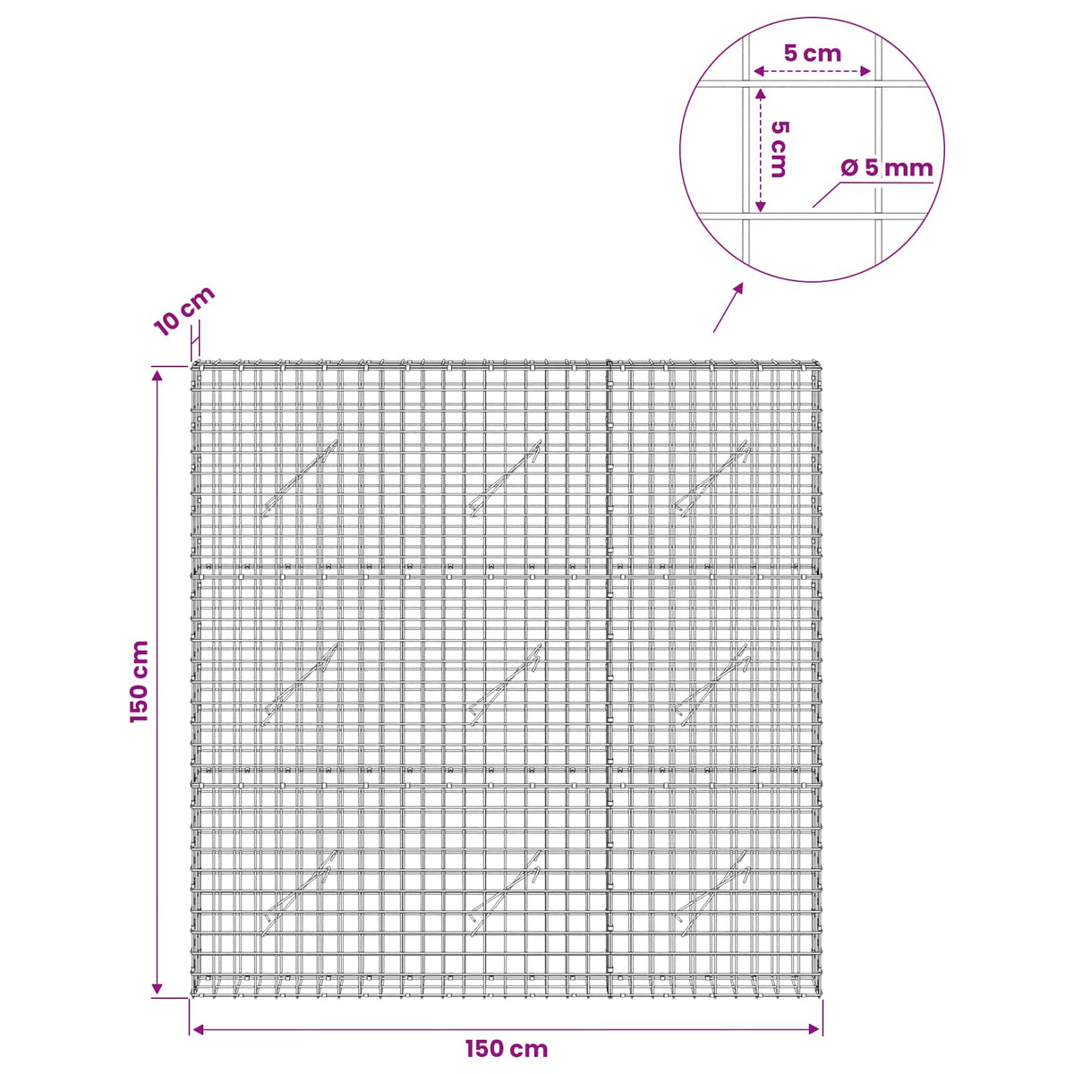 vidaXL Gabion z drutu 5 mm i siatką 5x5 cm 150x10x150 cm