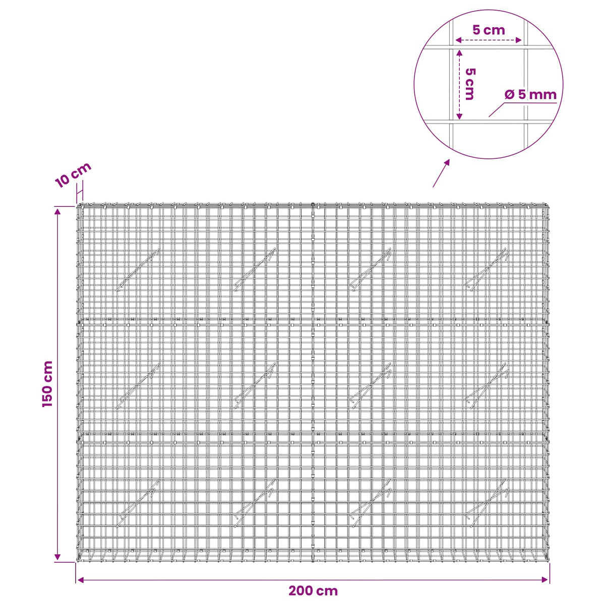 vidaXL Gabion z drutu 5 mm i siatką 5x5 cm 200x10x150 cm