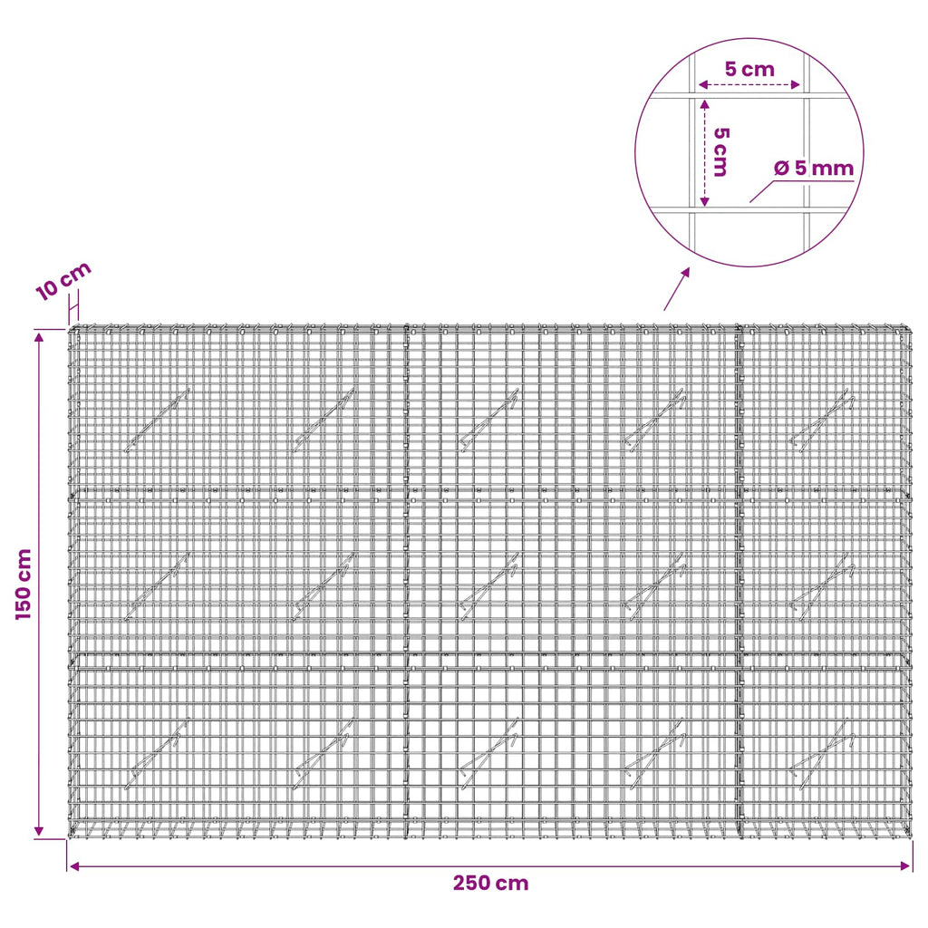 vidaXL Gabion z drutu 5 mm i siatką 5x5 cm 250x10x150 cm