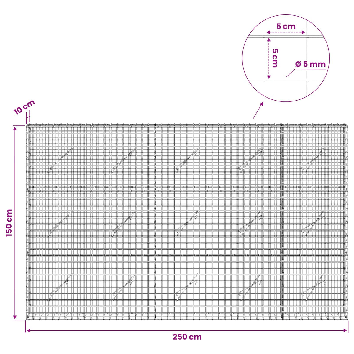 vidaXL Gabion z drutu 5 mm i siatką 5x5 cm 250x10x150 cm