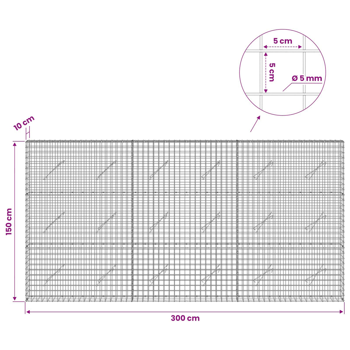 vidaXL Gabion z drutu 5 mm i siatką 5x5 cm 300x10x150 cm