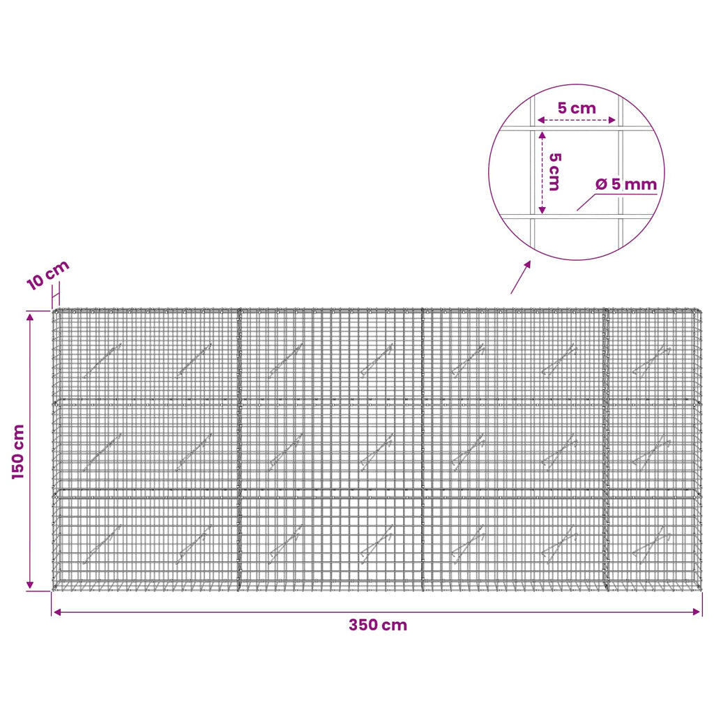 vidaXL Gabion z drutu 5 mm i siatką 5x5 cm 350x10x150 cm