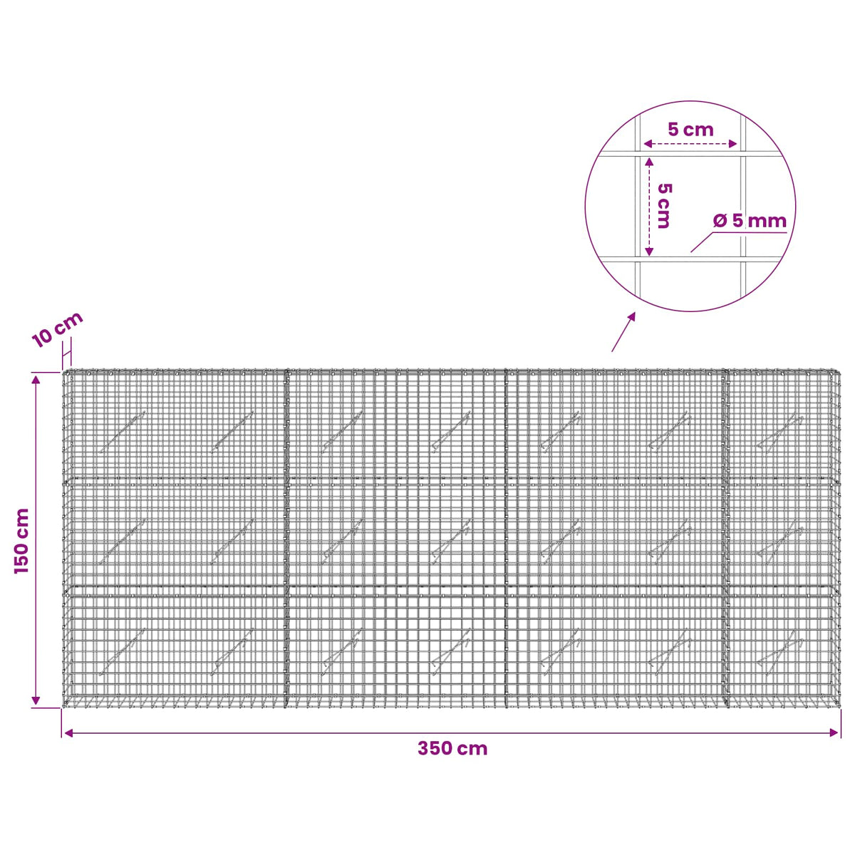 vidaXL Gabion z drutu 5 mm i siatką 5x5 cm 350x10x150 cm