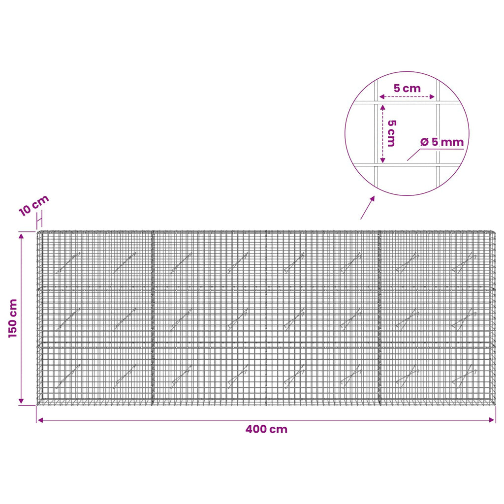 vidaXL Gabion z drutu 5 mm i siatką 5x5 cm 400x10x150 cm