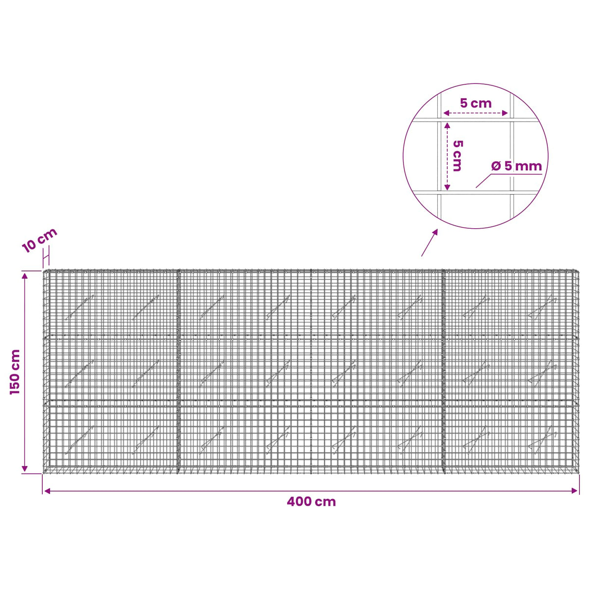 vidaXL Gabion z drutu 5 mm i siatką 5x5 cm 400x10x150 cm
