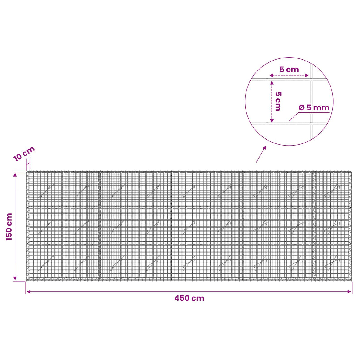 vidaXL Gabion z drutu 5 mm i siatką 5x5 cm 450x10x150 cm