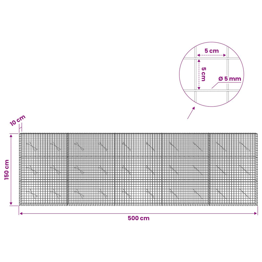vidaXL Gabion z drutu 5 mm i siatką 5x5 cm 500x10x150 cm