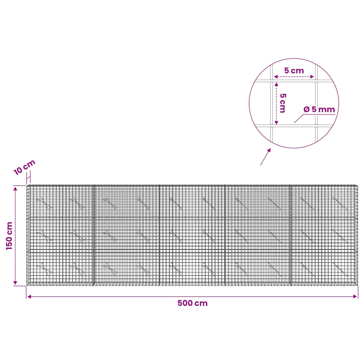 vidaXL Gabion z drutu 5 mm i siatką 5x5 cm 500x10x150 cm