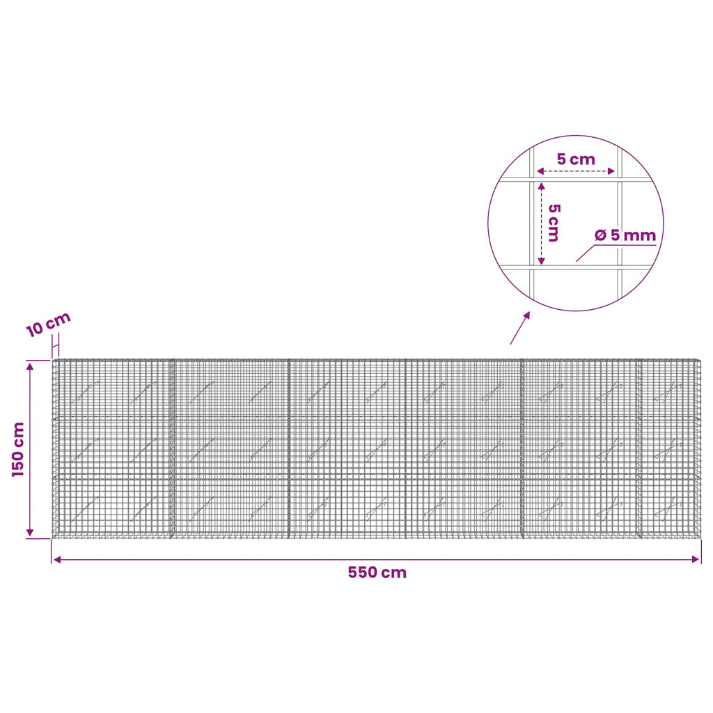 vidaXL Gabion z drutu 5 mm i siatką 5x5 cm 550x10x150 cm