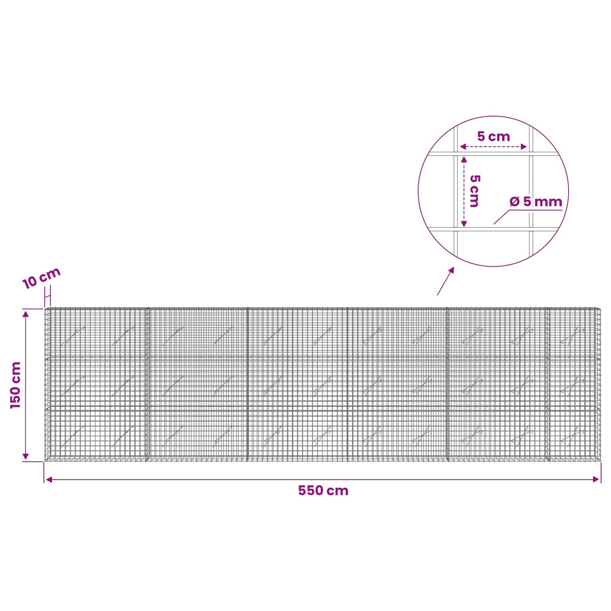 vidaXL Gabion z drutu 5 mm i siatką 5x5 cm 550x10x150 cm