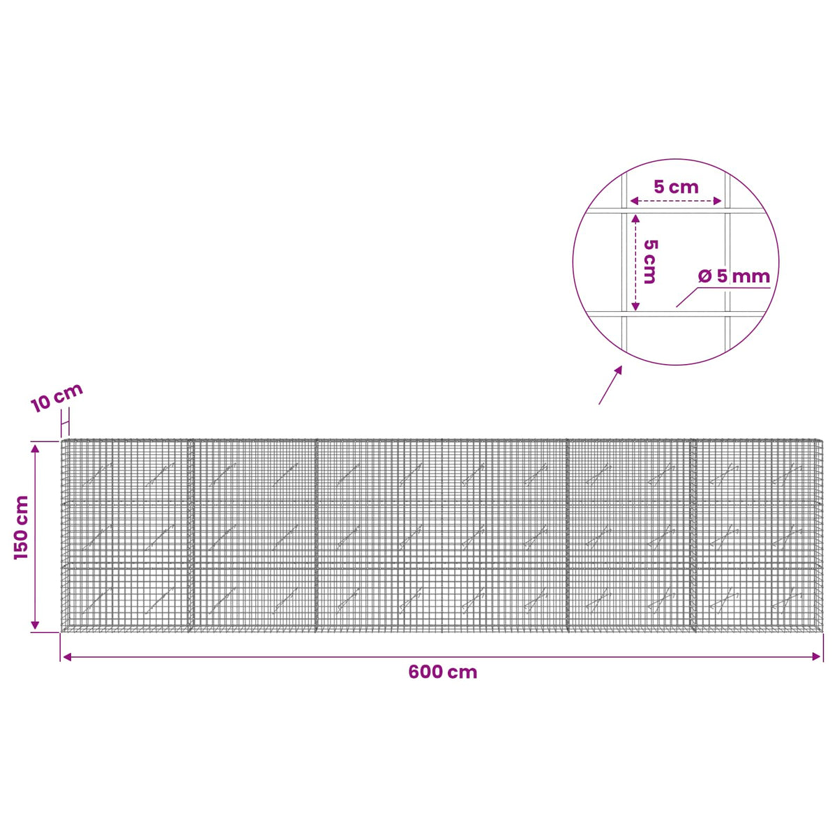 vidaXL Gabion z drutu 5 mm i siatką 5x5 cm 600x10x150 cm