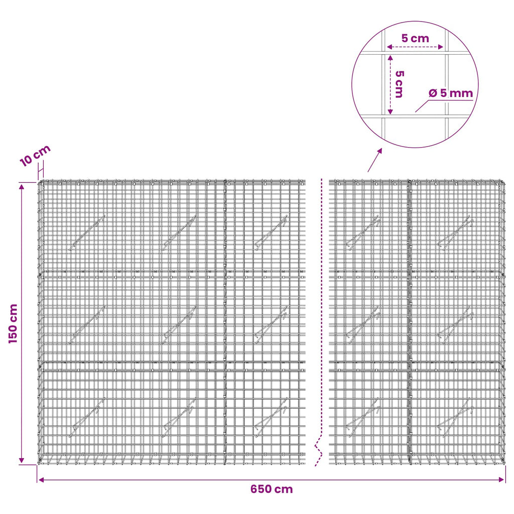 vidaXL Gabion z drutu 5 mm i siatką 5x5 cm 650x10x150 cm