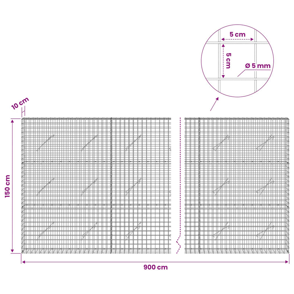 vidaXL Gabion z drutu 5 mm i siatką 5x5 cm 900x10x150 cm