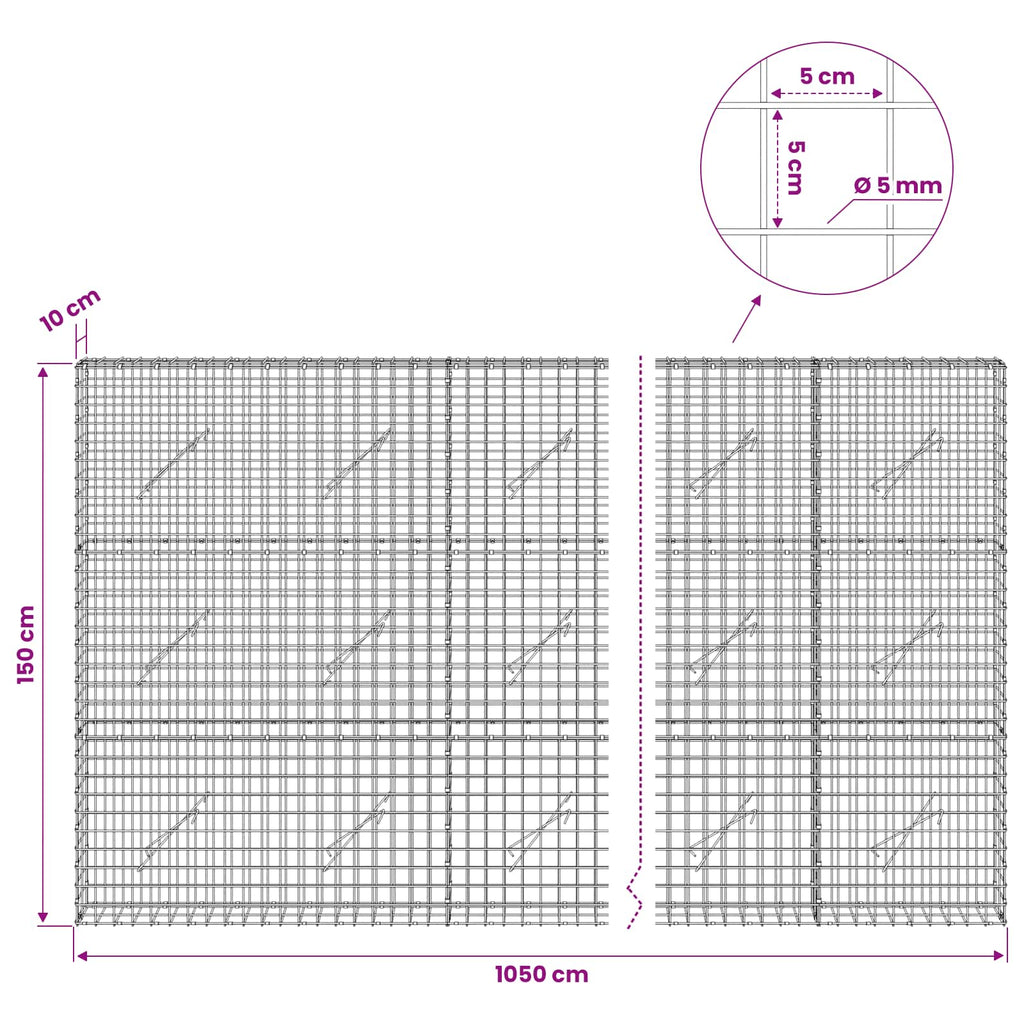vidaXL Gabion z drutu 5 mm i siatką 5x5 cm 1050x10x150 cm