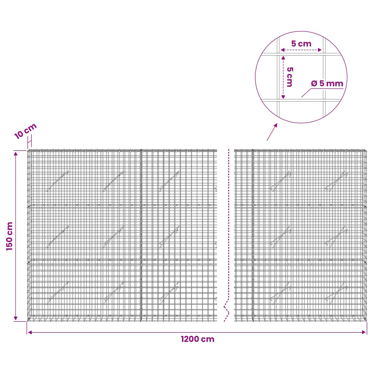 vidaXL Gabion z drutu 5 mm i siatką 5x5 cm 1200x10x150 cm