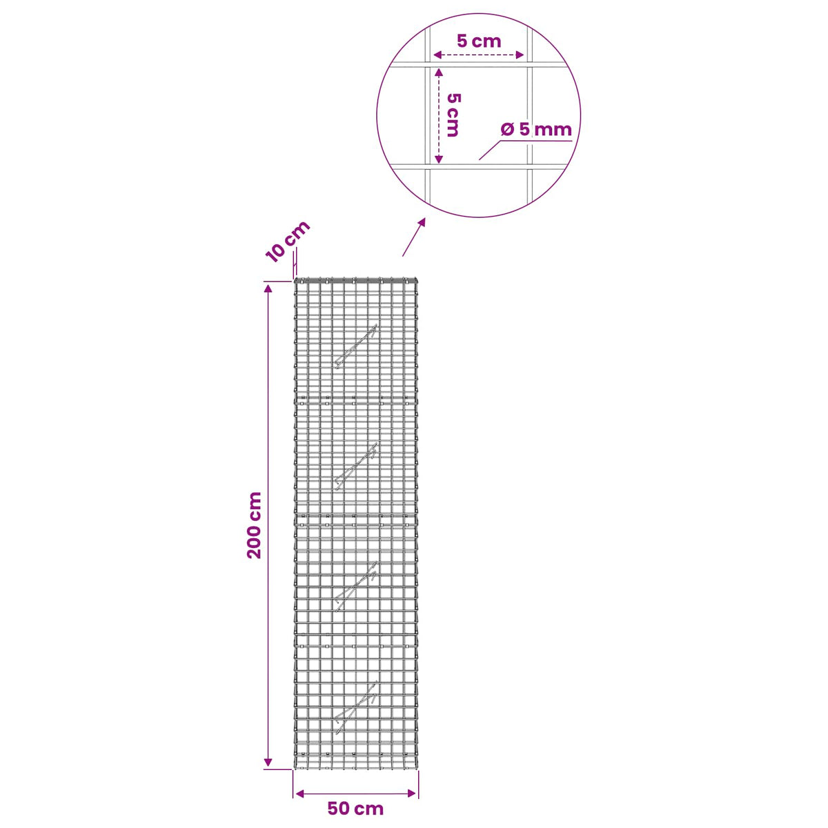 vidaXL Gabion z drutu 5 mm i siatką 5x5 cm 50x10x200 cm