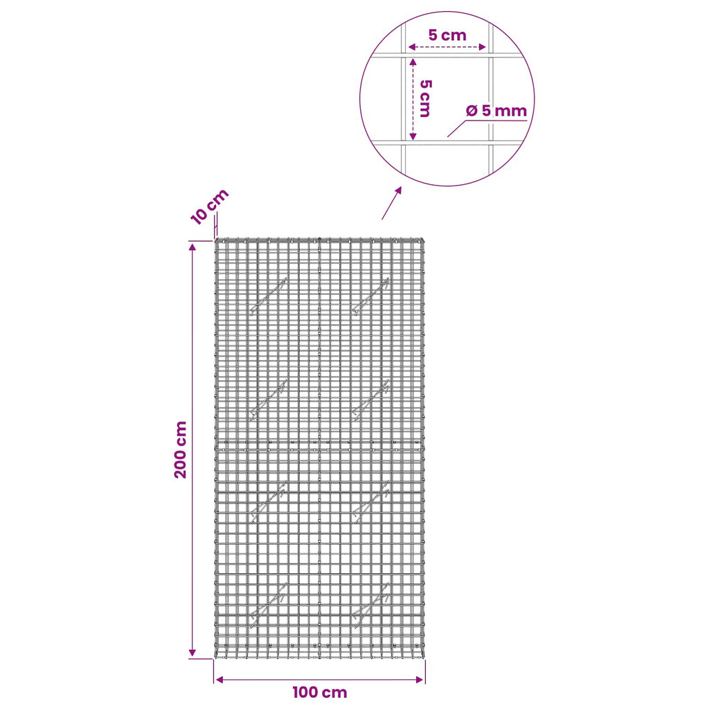 vidaXL Gabion z drutu 5 mm i siatką 5x5 cm 100x10x200 cm
