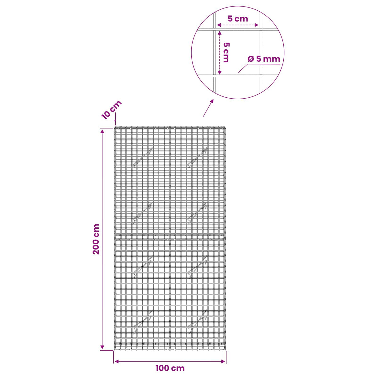vidaXL Gabion z drutu 5 mm i siatką 5x5 cm 100x10x200 cm