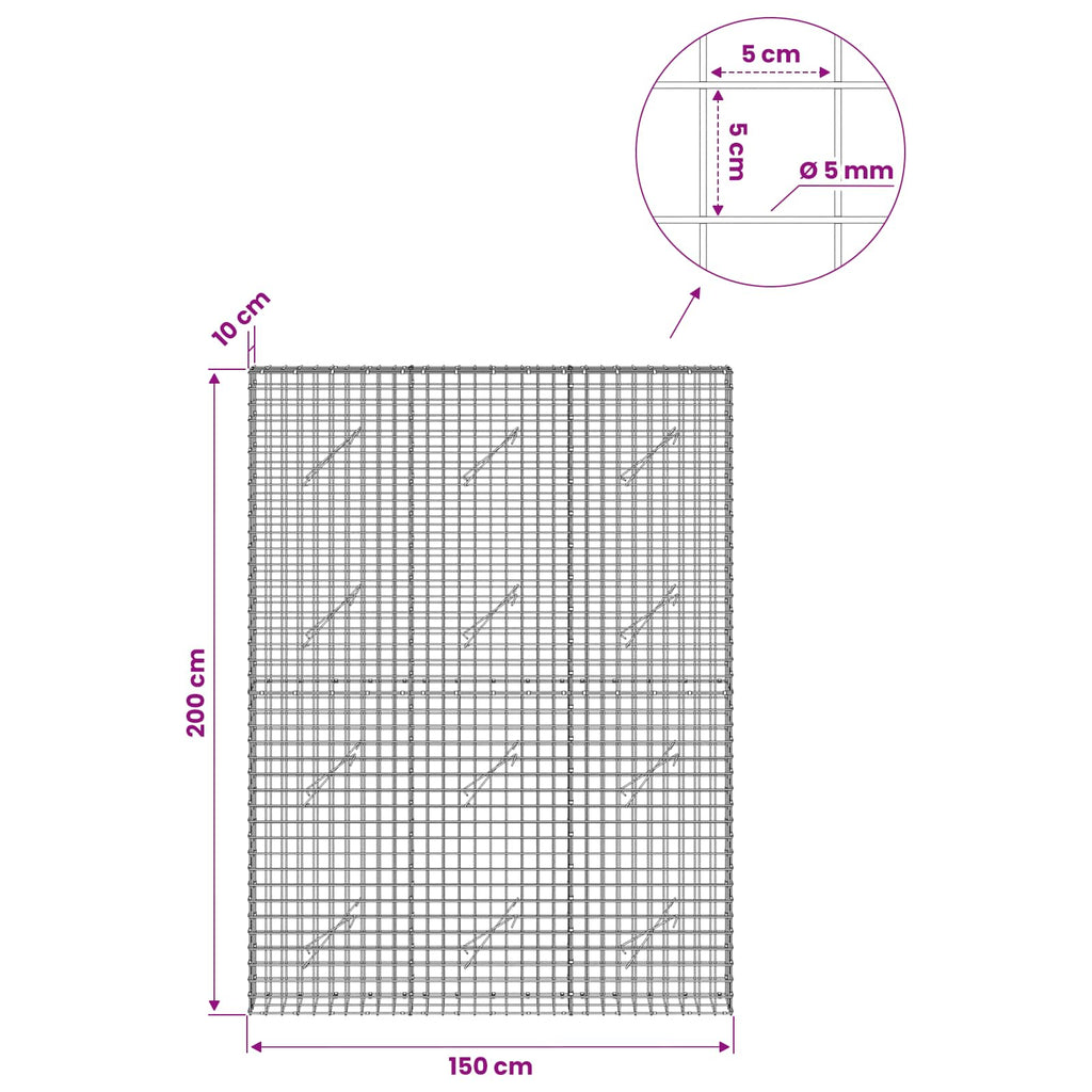 vidaXL Gabion z drutu 5 mm i siatką 5x5 cm 150x10x200 cm