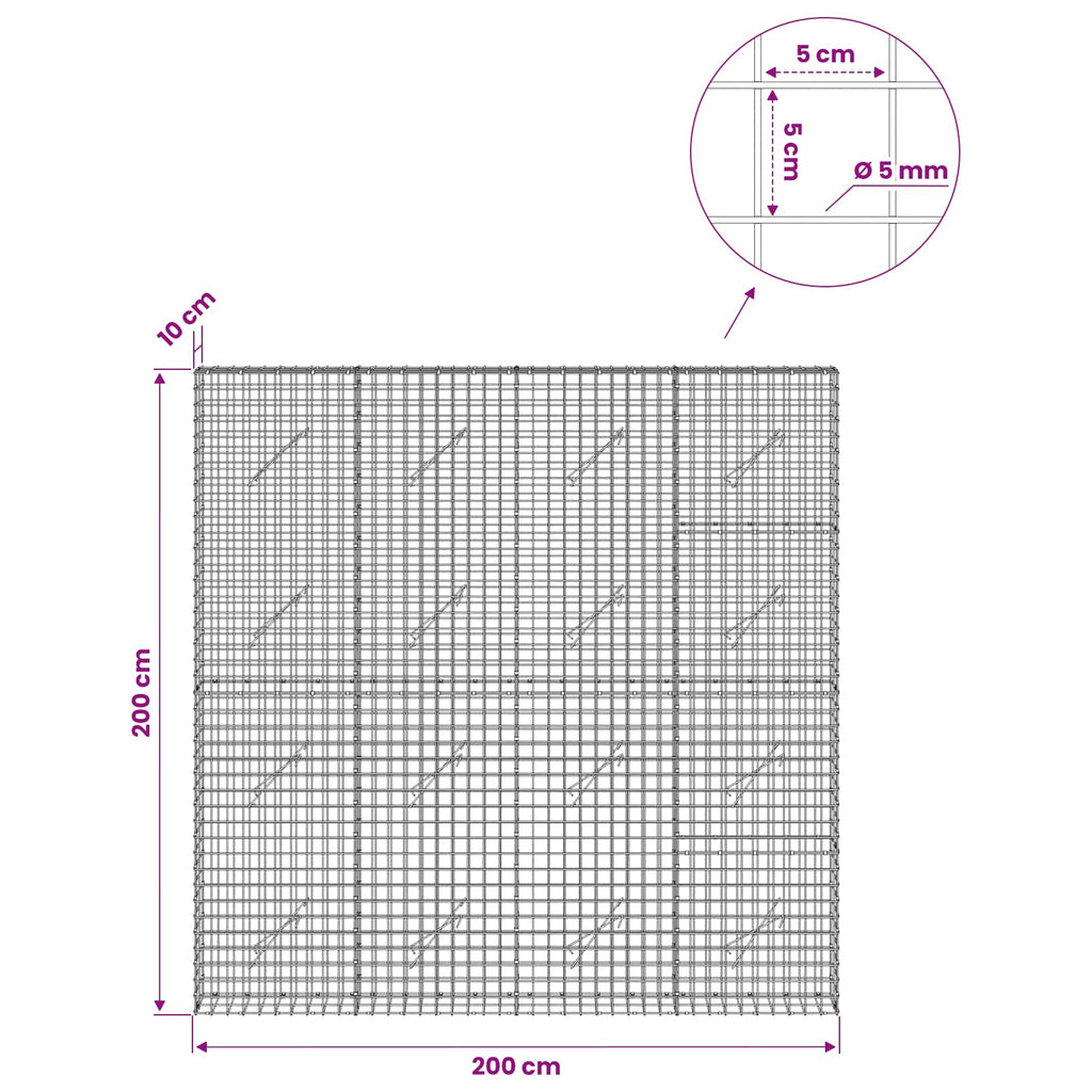 vidaXL Gabion z drutu 5 mm i siatką 5x5 cm 200x10x200 cm