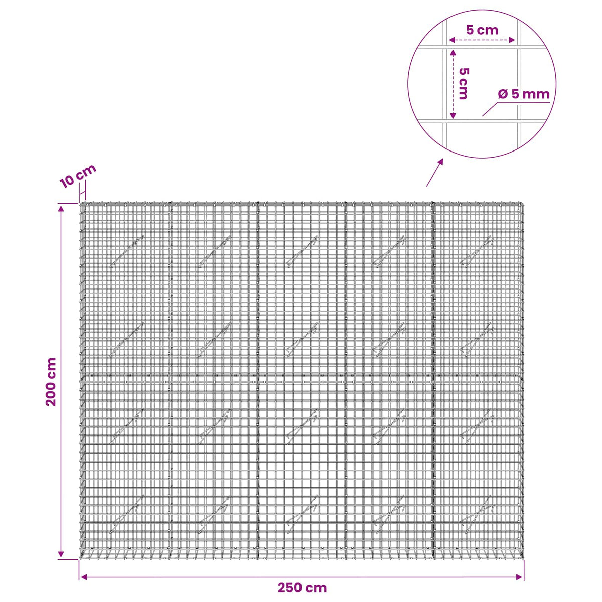 vidaXL Gabion z drutu 5 mm i siatką 5x5 cm 250x10x200 cm