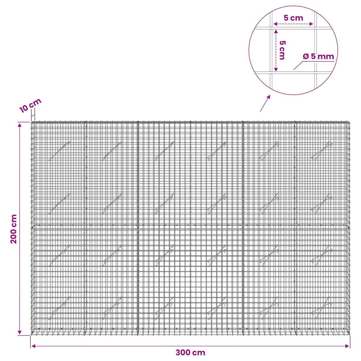 vidaXL Gabion z drutu 5 mm i siatką 5x5 cm 300x10x200 cm