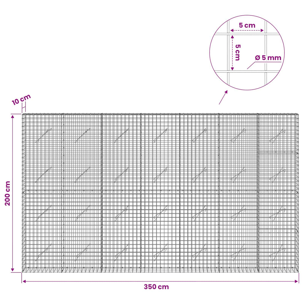 vidaXL Gabion z drutu 5 mm i siatką 5x5 cm 350x10x200 cm