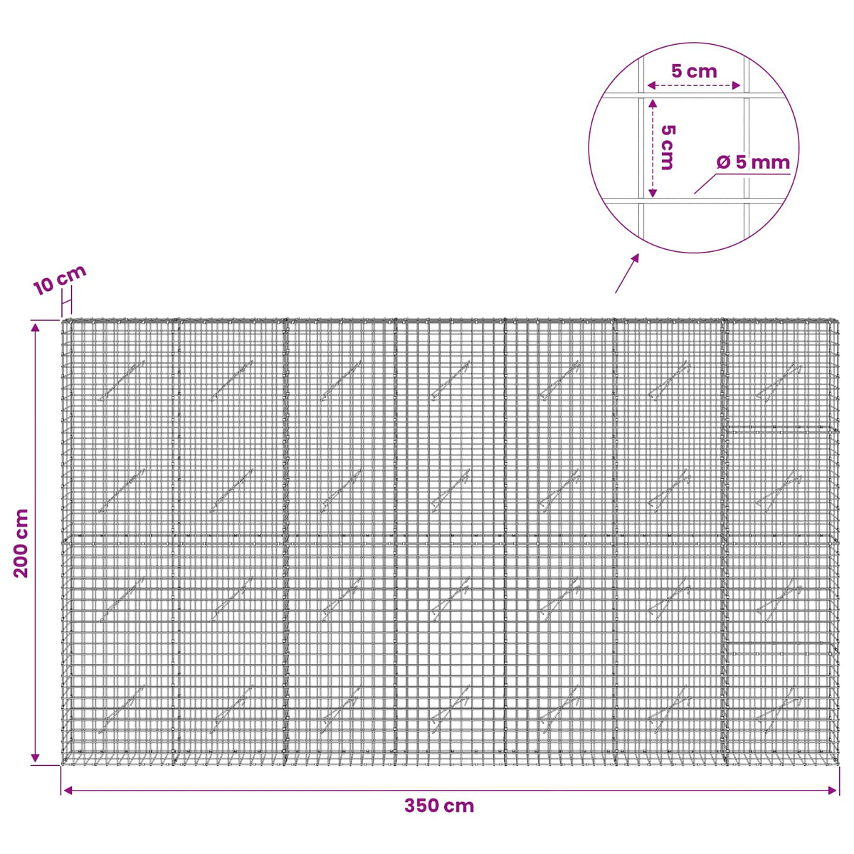 vidaXL Gabion z drutu 5 mm i siatką 5x5 cm 350x10x200 cm