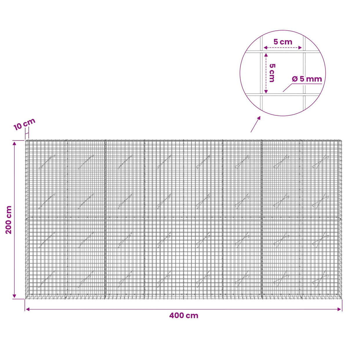vidaXL Gabion z drutu 5 mm i siatką 5x5 cm 400x10x200 cm
