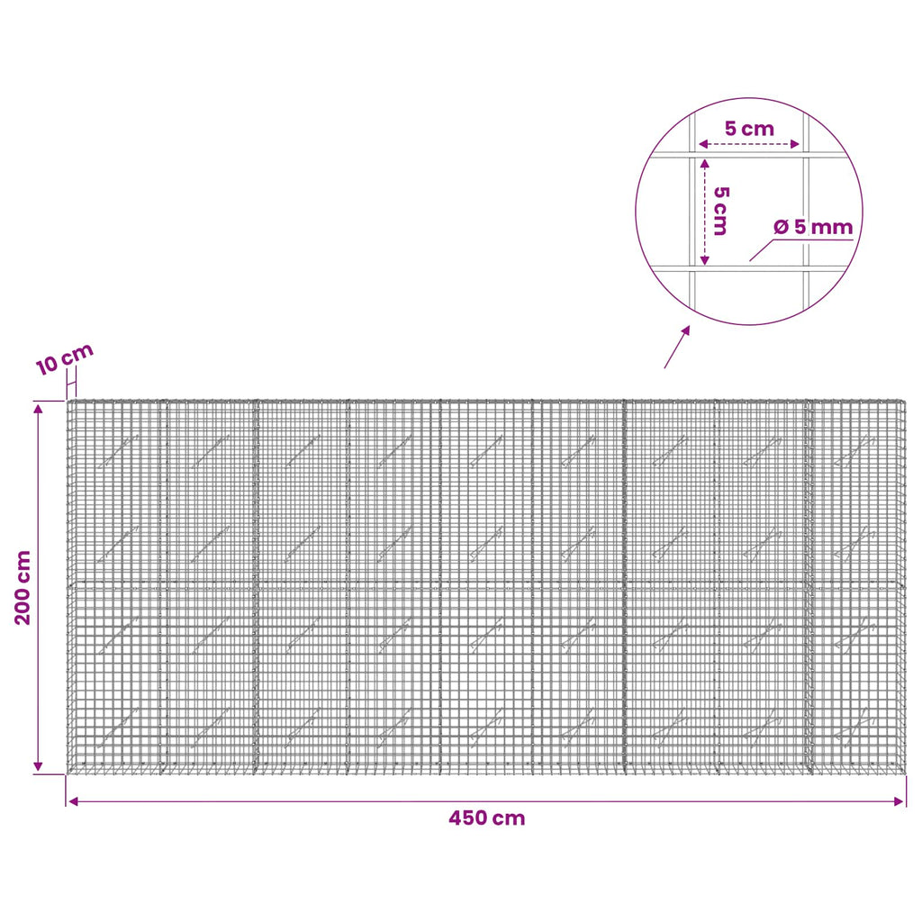 vidaXL Gabion z drutu 5 mm i siatką 5x5 cm 450x10x200 cm
