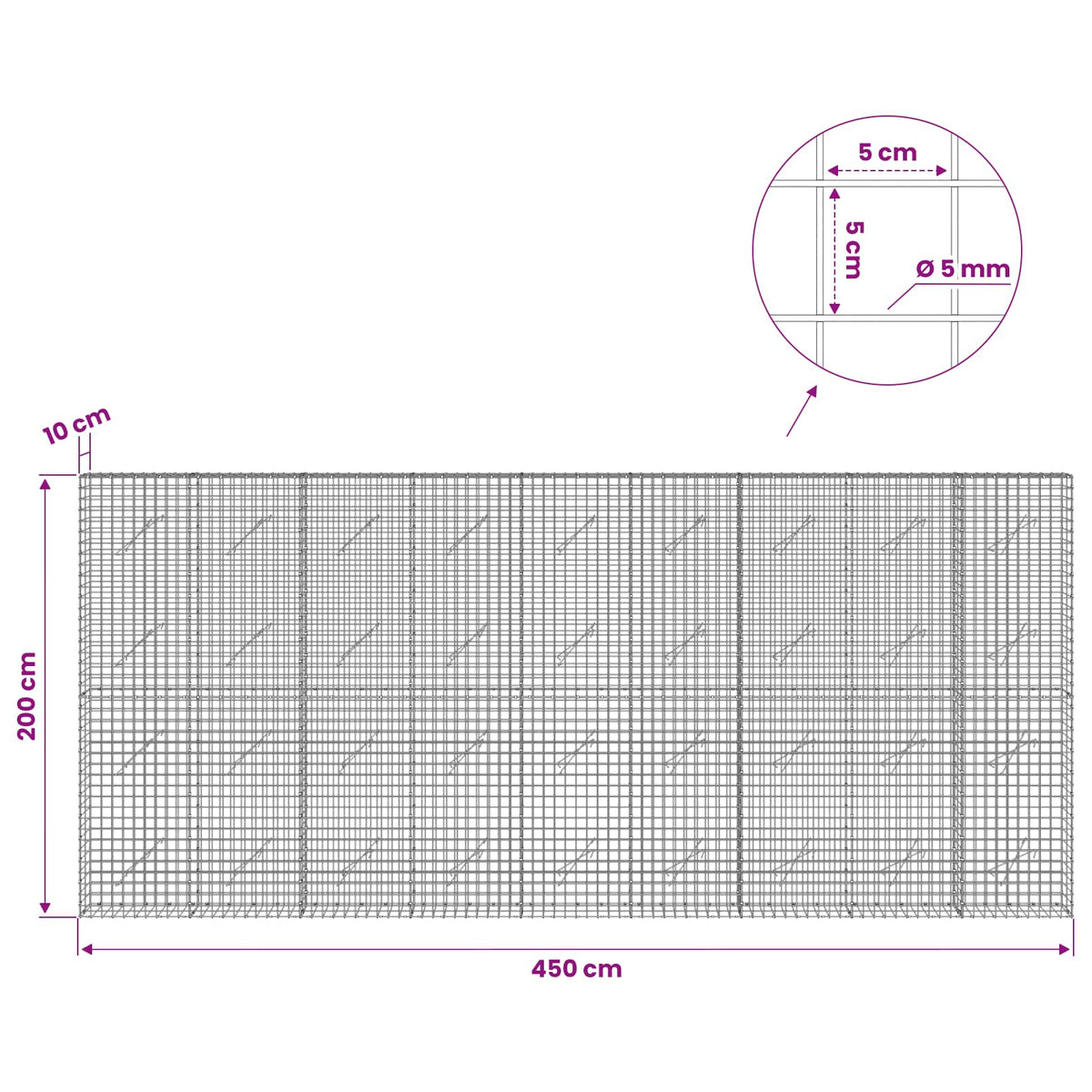 vidaXL Gabion z drutu 5 mm i siatką 5x5 cm 450x10x200 cm