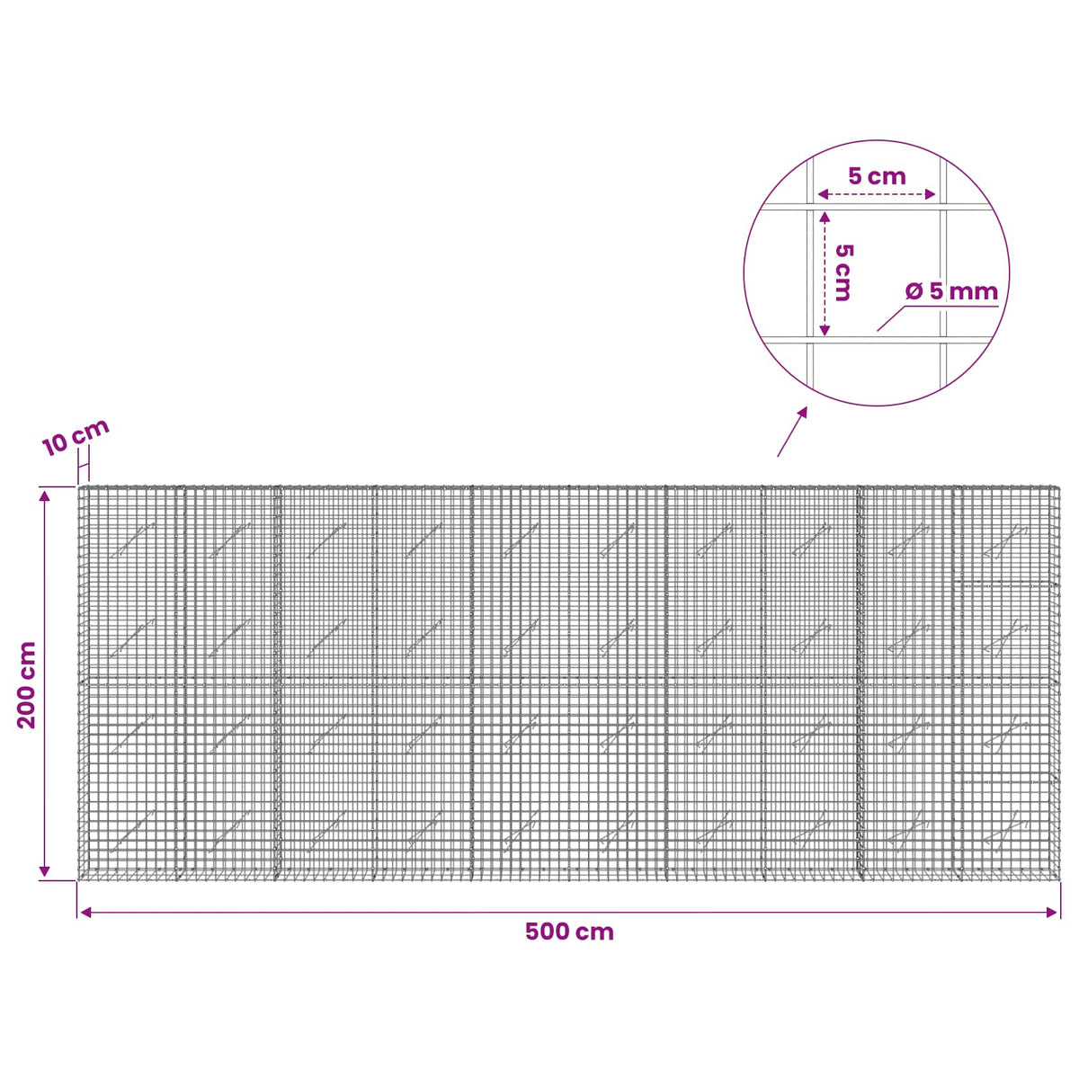 vidaXL Gabion z drutu 5 mm i siatką 5x5 cm 500x10x200 cm