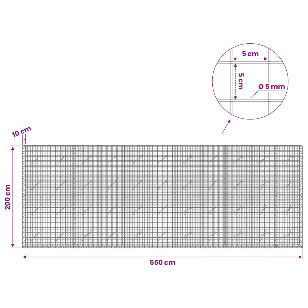 vidaXL Gabion z drutu 5 mm i siatką 5x5 cm 550x10x200 cm